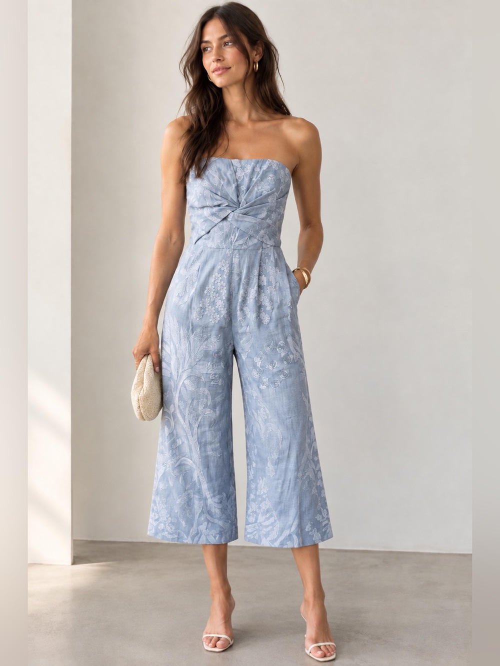 Aijek Baby Blue Natalie Strapless Wide Leg Floral Embroidered Jumpsuit size 3